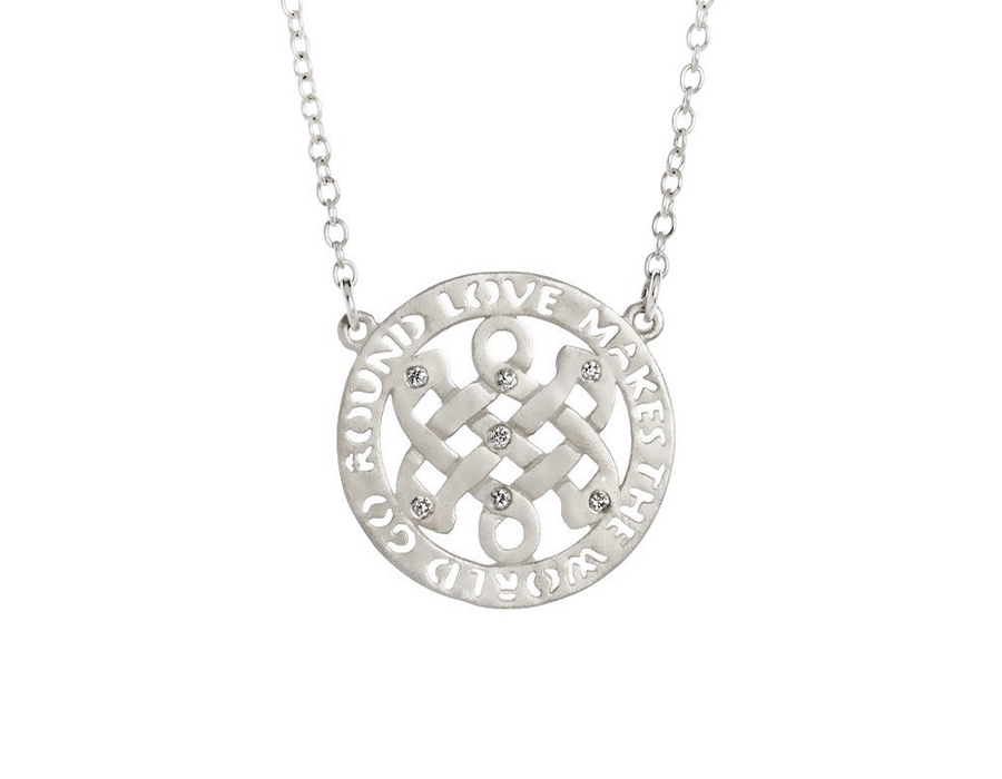 Sterling Silver Celtic Love Knot with Diamonds and Love Makes The World Go Round Cut Out Border